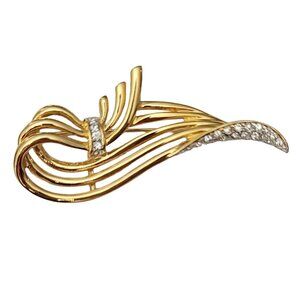 D'Orlan Gold Tone Clear Rhinestone Modernist Ribbon, Swirl Brooch Pin Signed